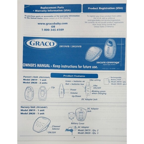 2 Set Lot Graco PD160487 Digital Baby Monitors Parent Nursery Units 4 AC Adapter - Picture 15 of 17